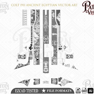 May include: A black and white vector art design for a Colt 1911 featuring intricate Ancient Egyptian patterns, including pyramids, pharaohs, and hieroglyphic motifs. The layout includes various components for firearm customization, labeled as EZCAD TESTED.