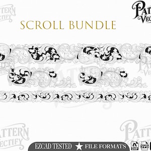 May include: A digital graphic file titled SCROLL BUNDLE featuring three distinct black and white ornamental scrollwork patterns with intricate swirling leaf designs. The image includes the text Pattern Vectify and file format icons.