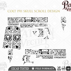 Puede incluir: Un archivo de diseño vectorial digital en blanco y negro titulado COLT 1911 SKULL SCROLL DESIGN de Pattern Vectify. El gráfico presenta intrincados patrones de volutas integrados con motivos de calaveras, formateado para grabado láser o CNC.