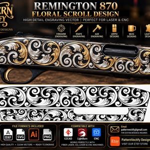 May include: A digital vector file for a Remington 870 shotgun featuring a floral scroll engraving design. The image displays the black and white pattern alongside a preview of the design applied to a firearm receiver with gold and silver accents.