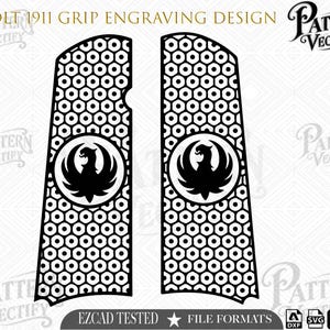 Peut inclure: Un design numérique noir et blanc pour poignées de Colt 1911 avec un motif hexagonal en nid d'abeille et un emblème circulaire central représentant un aigle stylisé. Le texte indique COLT 1911 GRIP ENGRAVING DESIGN, PATTERN VECTIFY et EZCAD TESTED.