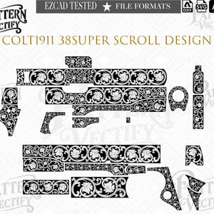 Pode incluir: Um arquivo vetorial digital em preto e branco intitulado COLT1911 38SUPER SCROLL DESIGN. A imagem exibe vários padrões complexos de volutas florais moldados para se ajustar a componentes de uma arma de fogo, incluindo empunhaduras e ferrolhos.