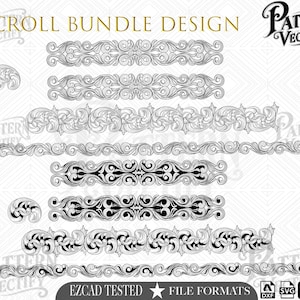 May include: A digital scroll bundle design featuring various black and white ornamental filigree patterns, borders, and corner elements. The image includes the text SCROLL BUNDLE DESIGN, Pattern Vectify, and EZCAD TESTED FILE FORMATS with icons for AI, SVG, and PNG.