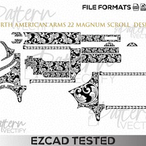 Puede incluir: Un archivo vectorial digital en blanco y negro con un diseño de volutas para North American Arms 22 Magnum. La imagen muestra los contornos de varios componentes de armas de fuego rellenos con intrincados patrones florales, etiquetado como EZCAD TESTED.