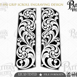 May include: A black and white digital graphic design featuring a Colt 1911 grip scroll engraving pattern. The image displays two vertical panels with intricate white swirling leaf motifs on a black background, labelled Pattern Vectify.