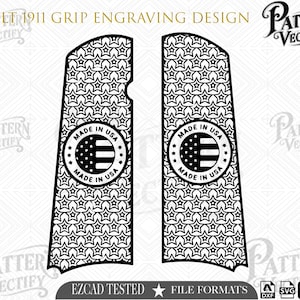May include: A black and white digital design for Colt 1911 grips featuring a repeating star pattern and a central circular emblem with the text MADE IN USA and a flag motif. The graphic includes the text COLT 1911 GRIP ENGRAVING DESIGN and PATTERN VECTIFY.