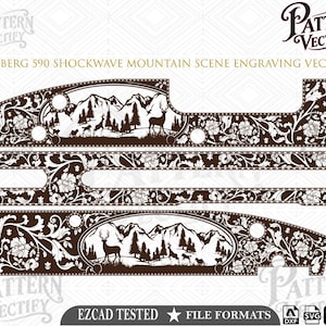 May include: A brown and white vector graphic design featuring a Mossberg 590 Shockwave mountain scene engraving. The pattern includes detailed silhouettes of deer, pine trees, and mountain peaks, surrounded by intricate floral scrollwork borders.