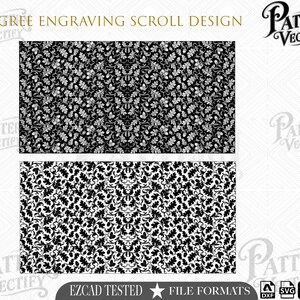 May include: A digital graphic file featuring a filigree engraving scroll design with oak leaves and acorns. The image displays two rectangular patterns in black and white, with text reading FILIGREE ENGRAVING SCROLL DESIGN, PATTERN VECTIFY, and EZCAD TESTED.
