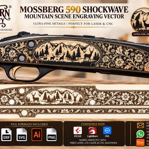Peut inclure: Un fichier vectoriel numérique pour Mossberg 590 Shockwave présentant une scène de montagne avec des cerfs et des volutes florales. L'image montre le motif de gravure appliqué sur le boîtier d'une arme à feu et la mise en page du fichier.