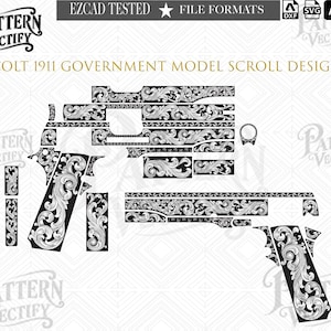 May include: A black and white digital vector file titled COLT 1911 GOVERNMENT MODEL SCROLL DESIGN, featuring intricate floral scrollwork patterns arranged in the shape of disassembled pistol components, including the slide, frame, and grip panels.