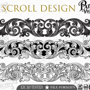 May include: A digital graphic file featuring three variations of a horizontal scroll design with intricate swirling leaf patterns. The top design is solid black, the middle is black with white outlines, and the bottom is a white outline version.