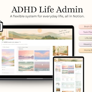Pode incluir: Um modelo digital Notion intitulado ADHD Life Admin apresentando uma ilustração de paisagem com colinas e um sol. A interface inclui seções para Brain Dump, Task Planning, Life Admin, Weekly Reset e Home Reset com botões em tons pastel.