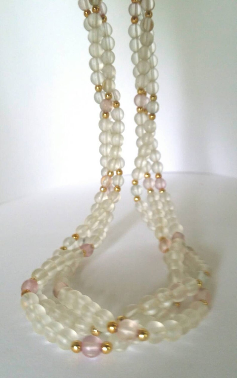 Bridal Vintage 1950s Clear and Pink Beaded 3 Strand Long Necklace