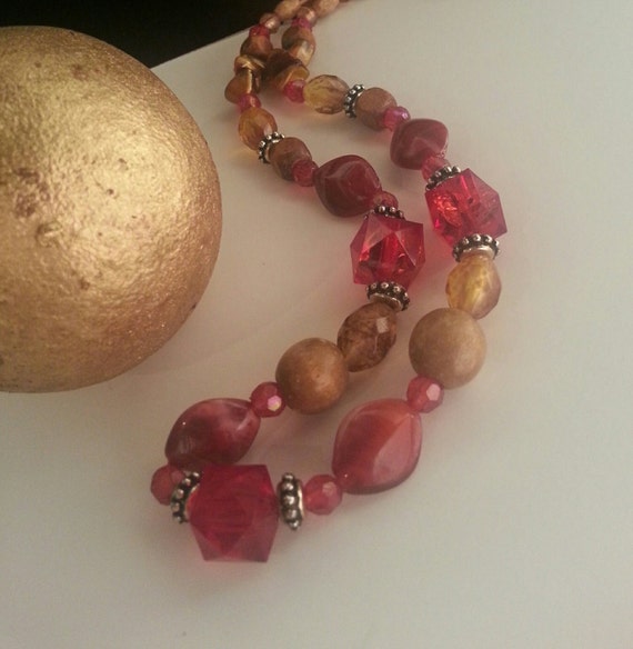 Wood And Glass Necklace Multi Beaded Red, Gold, A… - image 5