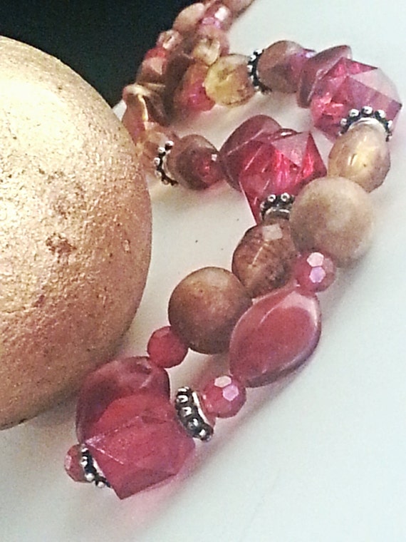 Wood And Glass Necklace Multi Beaded Red, Gold, A… - image 3