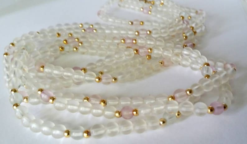 Bridal Vintage 1950s Clear and Pink Beaded 3 Strand Long Necklace