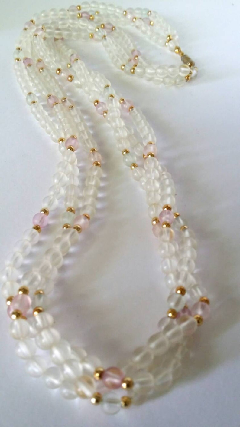 Bridal Vintage 1950s Clear and Pink Beaded 3 Strand Long Necklace