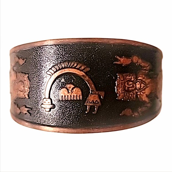 Vintage Solid Copper Open Cuff Bracelet Black Eng… - image 7