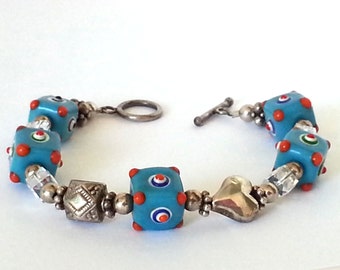 Zen Vintage Art Bead Bracelet Boho Third Eye Blue Square Bead Sterling Silver Heart Beads Sterling Silver Toggle Clasp