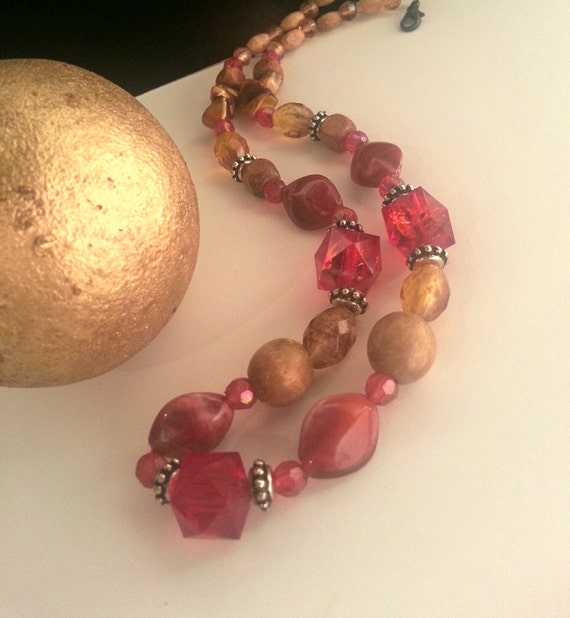 Wood And Glass Necklace Multi Beaded Red, Gold, A… - image 2