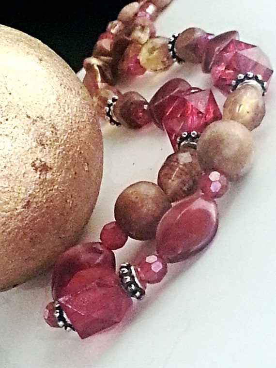Wood And Glass Necklace Multi Beaded Red, Gold, A… - image 1