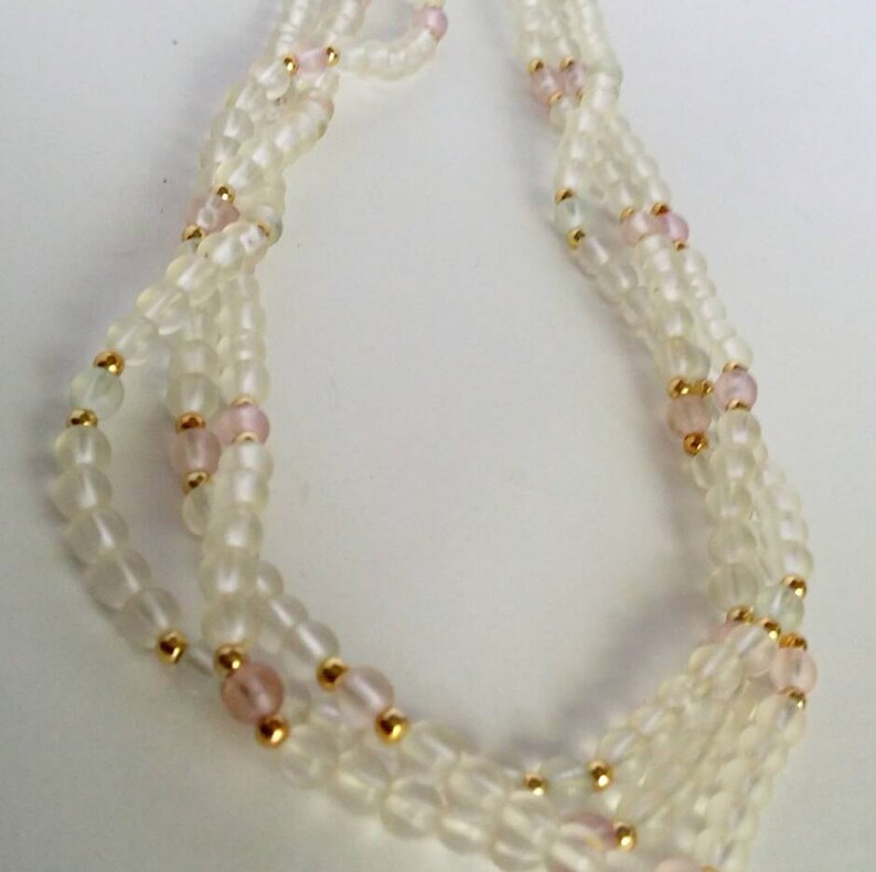Bridal Vintage 1950s Clear and Pink Beaded 3 Strand Long Necklace