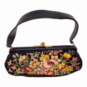 Monedero vintage Jolles Austria Petit Point con bordado floral y tapiz de los años 30, 14 pulgadas