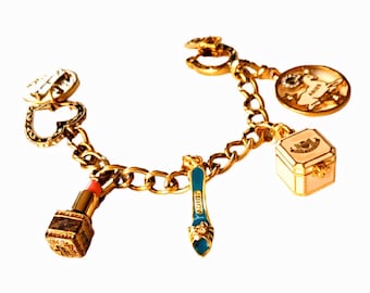 Vintage Juicy Gold Couture 4 Charm Bracelet Aries Diamond Gem Box Lipstick Heels