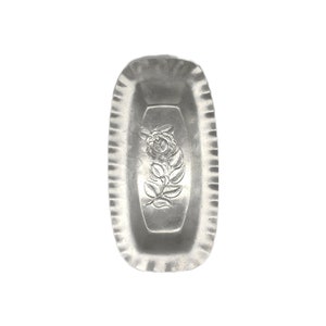 May include: A silver-colored, rectangular dish with a fluted edge. The center of the dish features a raised floral design of a rose and leaves. The dish is empty and sits on a white background.