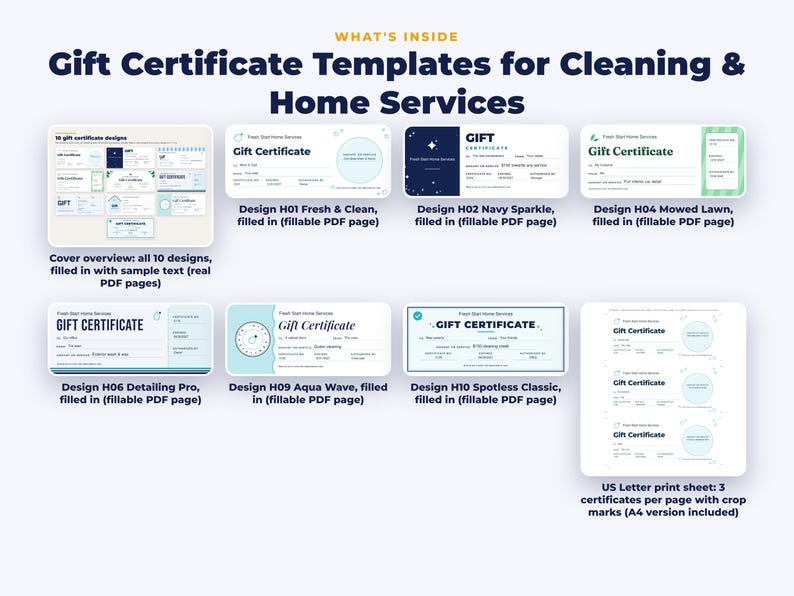 Everything included in the Gift Certificate Templates for Cleaning & Home Services