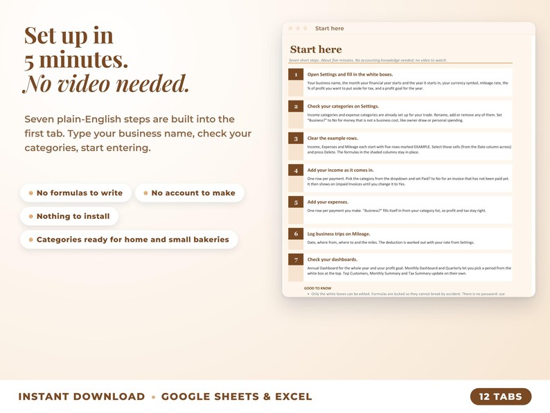 Start here tab with seven setup steps, no video needed