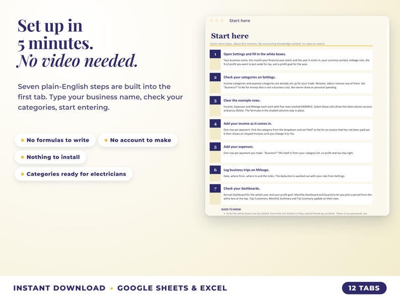 Start here tab with seven setup steps, no video needed