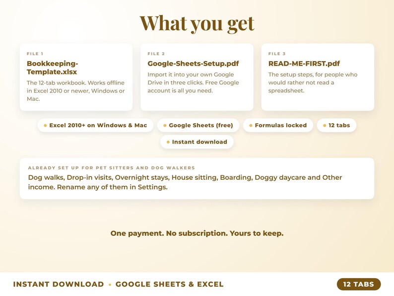 What is included: 12-tab Excel workbook, Google Sheets setup guide and read-me-first guide
