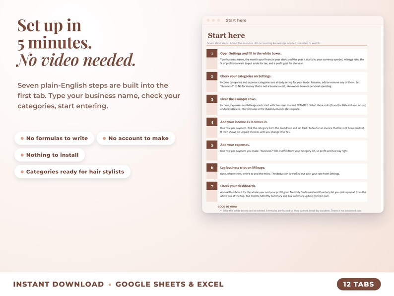 Start here tab with seven setup steps, no video needed