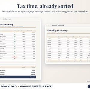 Tax summary with deductible totals, mileage deduction and suggested tax set-aside, plus monthly summary