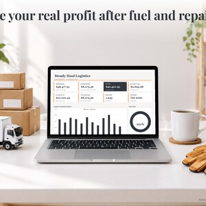 Box Truck bookkeeping spreadsheet annual dashboard open on a laptop on a desk