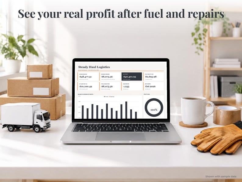 Box Truck bookkeeping spreadsheet annual dashboard open on a laptop on a desk