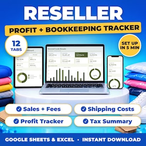 Reseller bookkeeping spreadsheet for Google Sheets and Excel on laptop, tablet and phone