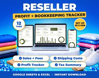 Hoja de cálculo de contabilidad para revendedores / Rastreador de ganancias para ventas y comisiones, panel de control de pérdidas y ganancias, resumen fiscal (Google Sheets + Excel)