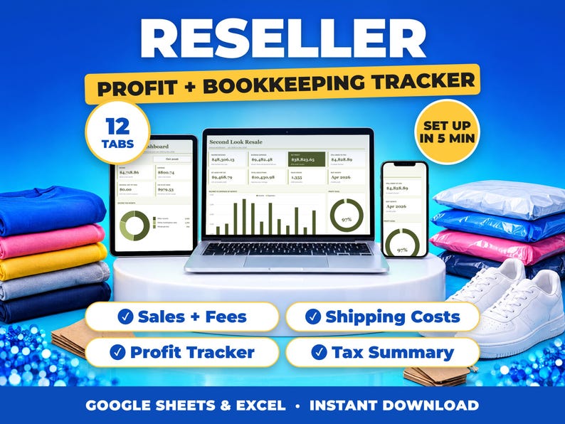 Reseller bookkeeping spreadsheet for Google Sheets and Excel on laptop, tablet and phone