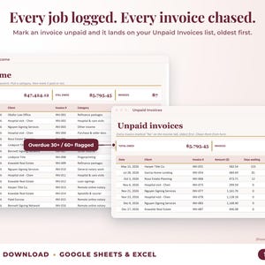 Income sheet and unpaid invoices list with overdue flags