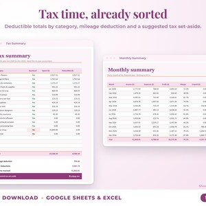 Tax summary with deductible totals, mileage deduction and suggested tax set-aside, plus monthly summary