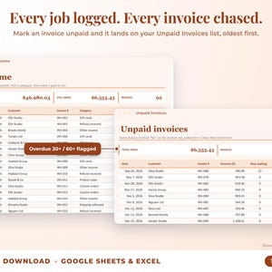 Income sheet and unpaid invoices list with overdue flags