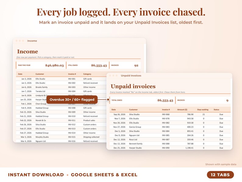 Income sheet and unpaid invoices list with overdue flags