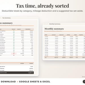 Tax summary with deductible totals, mileage deduction and suggested tax set-aside, plus monthly summary