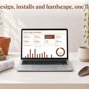 Landscaping bookkeeping spreadsheet annual dashboard open on a laptop on a desk