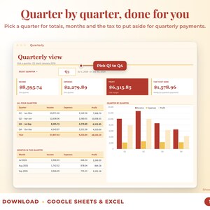 Quarterly view with quarter selector, quarterly totals, chart and tax set-aside