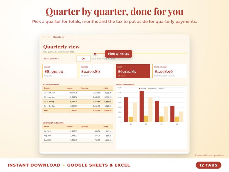 Quarterly view with quarter selector, quarterly totals, chart and tax set-aside