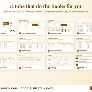 All 12 tabs of the bookkeeping spreadsheet: dashboards, income, expenses, mileage, unpaid invoices, top clients, tax summary