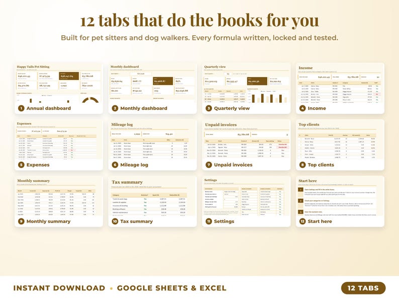 All 12 tabs of the bookkeeping spreadsheet: dashboards, income, expenses, mileage, unpaid invoices, top clients, tax summary
